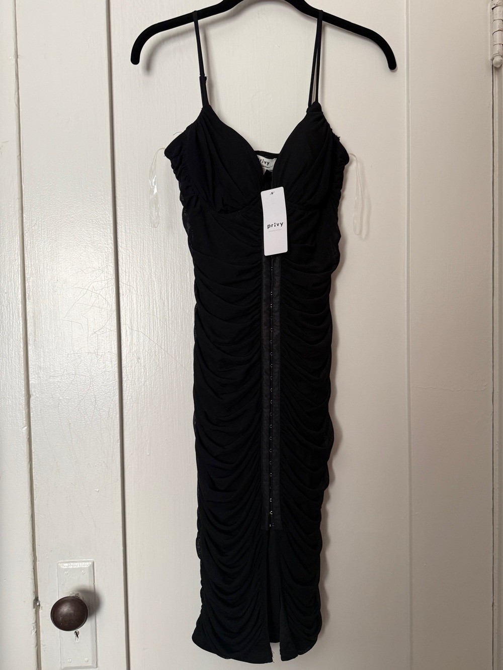 Privy Black Ruched Mesh Hook & Eye Bodycon Dress NWT L Goth Vampy Clubwear
